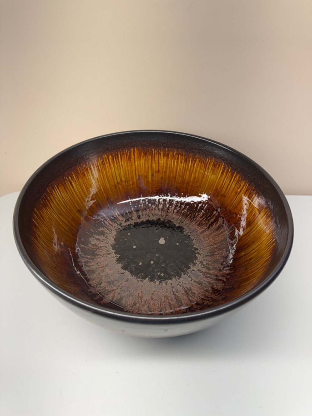 Large Studio Pottery Bowl With Metallic Glazes 11.5” Diameter